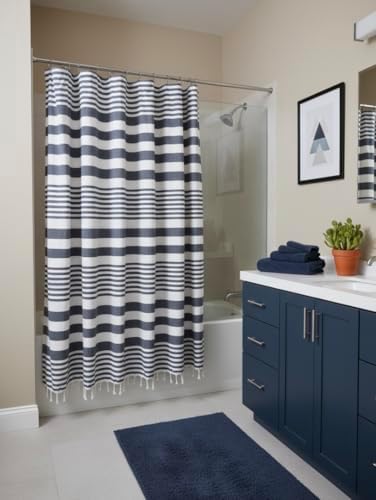 Serafina Home Denim Blue & White Striped Cotton Shower Curtain with Fringe