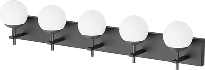 Ralbay Mid Century Modern Vanity Light 5-Light Matte Black Bathroom Wall Lighting Fitures Black Milky Glass Globe Vanity Light for Bathroom (Exclude Bulb)