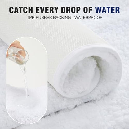 TECHMILLY U Shaped Super Soft Shaggy Bathroom Rugs, Absorbent Thick Non Slip Microfiber Toilet Rugs, Quick Dry Machine Washable Bath Mat for Bathroom Floor, Bathtub and Shower 24"x20" White