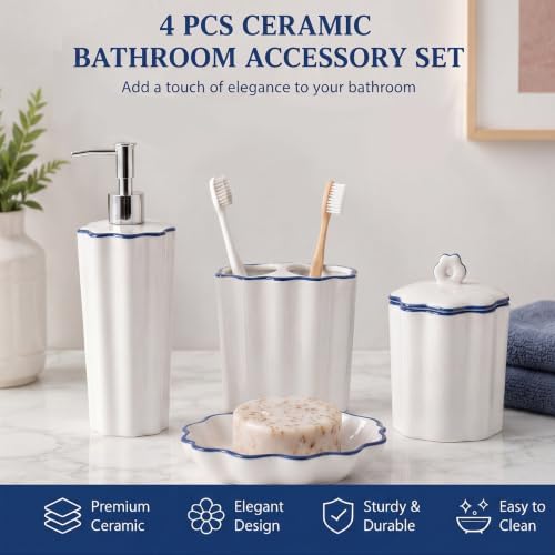 Zhehao 4 Pcs Scalloped Ceramic Bathroom Accessories Set,8.5 Inch, Blue