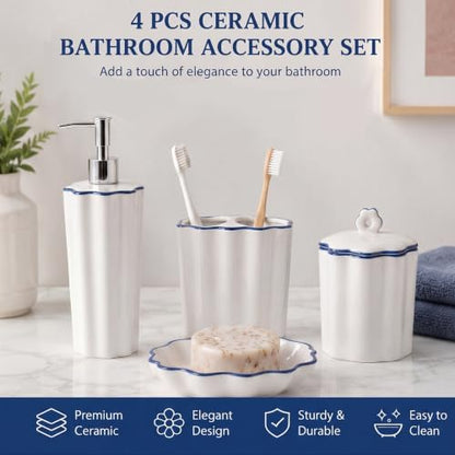 Zhehao 4 Pcs Scalloped Ceramic Bathroom Accessories Set,8.5 Inch, Blue