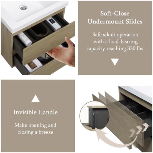 KEIKI 24'' Wall-Mounted Bathroom Vanity with Sink - Floating Design, 2 Soft-Close Drawers & Resin Basin, Space-Saving for Small Bathrooms, Natural Oak