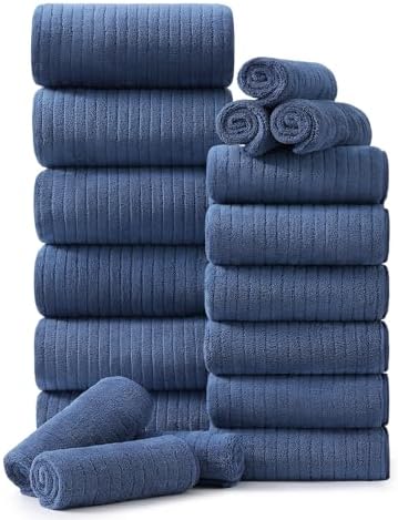 Hailea 18 Piece Family Bath Towel Set Include 6 Bath Towels,6 Hand Towels and 6 Washcloths Soft Bathroom Towel with Hanging Loops,Highly Absorbent Quick Dry Towels Set for Bathroom,Hotel and Spa-Navy