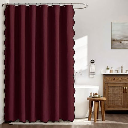 MIULEE Burgundy Scalloped Linen Shower Curtain 72x72 Inches