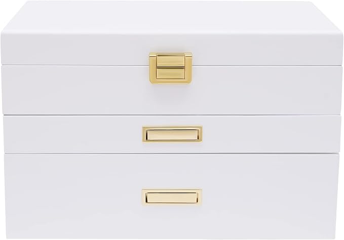 3 Layers Jewelry Storage Box with 2 Drawers, Large Wooden Jewelry Box for Women and Girls Necklace Ring Watch Organizer, White