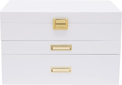 3 Layers Jewelry Storage Box with 2 Drawers, Large Wooden Jewelry Box for Women and Girls Necklace Ring Watch Organizer, White