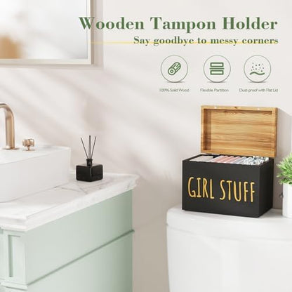 Wooden Tampon Holder, Matte Black, Hinged Lid Organizer