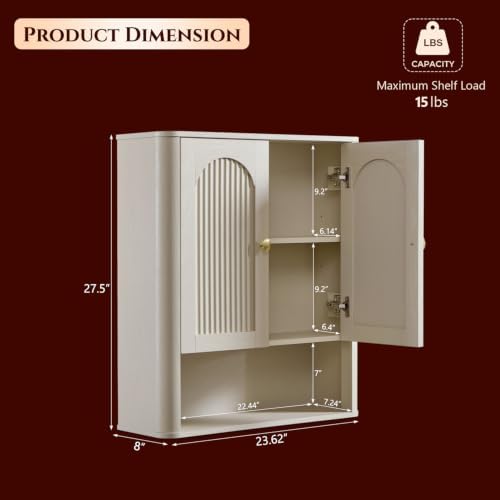 Bathroom Fluted Arched Wall Cabinet, 23.6''W Wood Medicine Cabinet, Cream