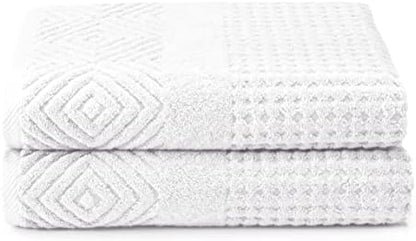 Texere 100% Organic Cotton Diamond Jacquard 700 GSM Luxury Bath Towel Sets - Ultra Soft and Absorbent Hotel and Spa Quality (Diamond, Bright White, 2 Bath Towels)