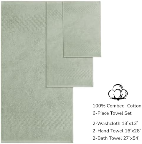 Feather & Stitch 100% Cotton 625 GSM Bath Towel Set of 6, Ultra Soft Highly Absorbent 2 Bath Towels, 2 Hand Towels & 2 Washcloth - Luxury Quick Dry Shower Towels (Sage Green)