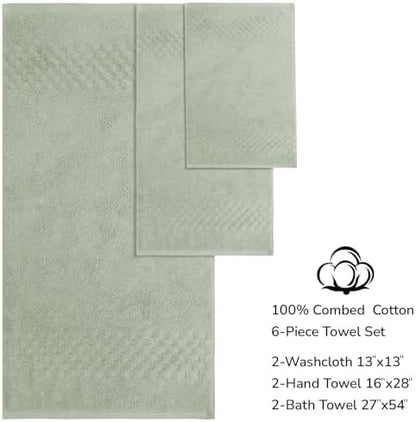 Feather & Stitch 100% Cotton 625 GSM Bath Towel Set of 6, Ultra Soft Highly Absorbent 2 Bath Towels, 2 Hand Towels & 2 Washcloth - Luxury Quick Dry Shower Towels (Sage Green)