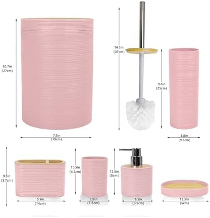 CERBIOR Bamboo Bathroom Accessories Set 6 Piece Spiral Bath Ensemble（Pink）