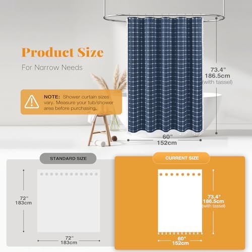 BTTN 60x72 Boho Farmhouse Linen Heavy Duty Shower Curtain Set, Navy Blue