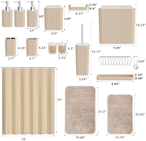 Bathroom Accessory Set - Bathroom Set, 27PC Bathroom Accessories Set, Beige Bathroom Sets with Shower Curtain and Rugs, Mini Trash Can, Toilet Brush, Trash Can & Soap Dispenser