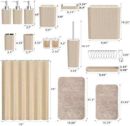 Bathroom Accessory Set - Bathroom Set, 27PC Bathroom Accessories Set, Beige Bathroom Sets with Shower Curtain and Rugs, Mini Trash Can, Toilet Brush, Trash Can & Soap Dispenser
