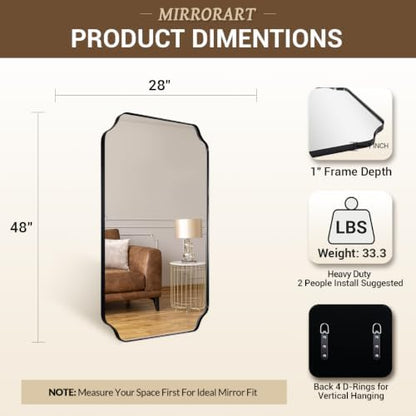 MIRRORART Large Scalloped Black Bathroom Mirror for Wall, 28x48'' Mirror