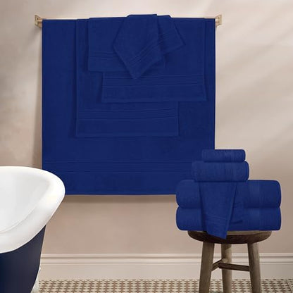 Belizzi Home 100% Cotton Towel Set, Contains 6 Soft Bath Towel, 6 Hand Towels, 12 Wash Cloths - Compact Absorbent Lightweight & Quickdry Towels for Bathroom - 24 Piece Bathroom Towel Set - Navy Blue