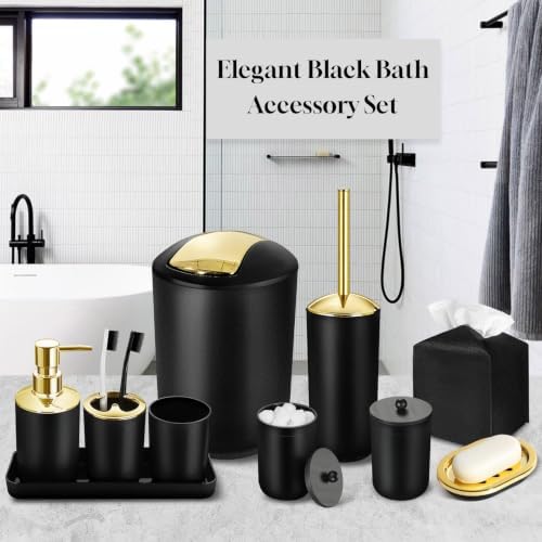 Bathroom Set, 10Pcs Bathroom Shower Curtain Sets with Hooks, Bathroom Accessories Set with Trash Can, Bathroom Accessories Sets Complete with Shower Curtain Set, Black Bathroom Accessory Set