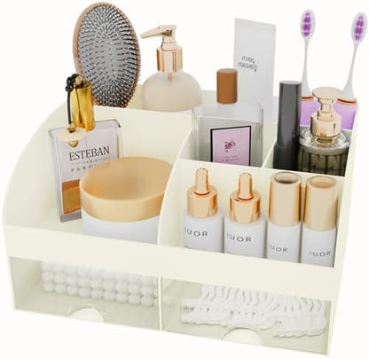 Makeup Organizer with Drawers, Cosmetic Storage for Dresser Vanity and Bathroom Countertop, Beauty Holder for Lipstick Brush, Skincare Organizer for Vanity, Cosmetic Display Case (Ivory)