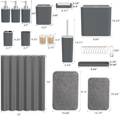 Bathroom Accessory Set - Bathroom Set, 27PC Bathroom Accessories Set, Grey Bathroom Sets with Shower Curtain and Rugs, Mini Trash Can, Toilet Brush, Trash Can & Soap Dispenser
