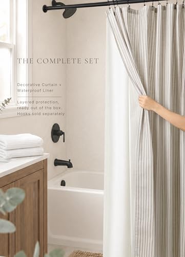 Farmhouse Striped Shower Curtain Set, Linen Blend Fabric with Detachable Polyester Liner, Breathable & Machine Washable, Rustic Taupe for Bathroom Decor Standard 72" W x 72" L - Hooks Not Included