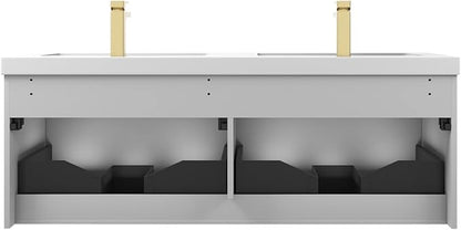 Blossom 60 Inch Double Sink Bathroom Vanity, All Wood Wall Mounted Floating Bathroom Vanity Cabinet with Acrylic Sink, Bathroom Sink Cabinet with Soft-Close Drawers, Modern Vanities, Light Grey