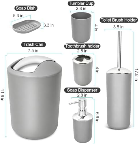 Compact 6-Piece Grey Plastic Bathroom Accessories Set with Small Trash Can, Soap Dispenser, Toothbrush Holder, Cup, Soap Dish, Toilet Brush for Guest Bathroom Dorm Apartment