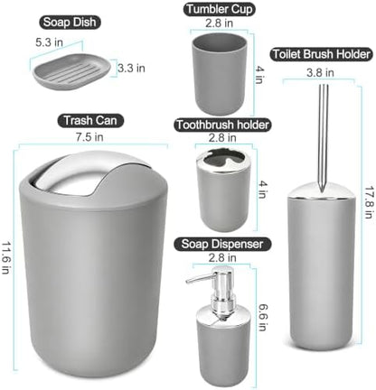 Compact 6-Piece Grey Plastic Bathroom Accessories Set with Small Trash Can, Soap Dispenser, Toothbrush Holder, Cup, Soap Dish, Toilet Brush for Guest Bathroom Dorm Apartment