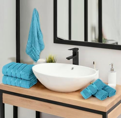 Luxury Towel Sets for Bathroom Set of 8-600 GSM 100% Cotton Ring Spun, Viscose Border Towels Bathroom Sets - Turquoise