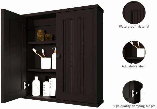 Waterproof WPC Wall-Mounted Bathroom Wall Cabinet Over The Toilet Storage Cabinet with Adjustable Shelves, Medicine Cabinet for Bathroom (Black)