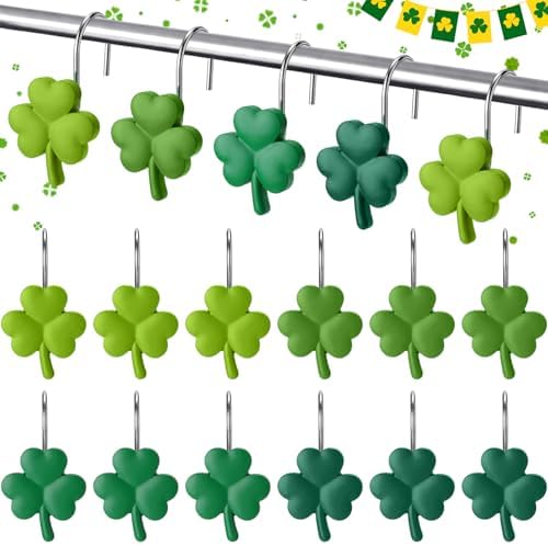 Thyle 12 Pcs St Patrick's Day Shamrock Shower Curtain Hooks, Clover Resin Ornament Rings Green Shamrock Curtain Hangers Irish Decorative Rings Accessories for Home Holiday Bathroom Restroom Decor