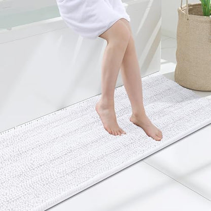 Grandaily Chenille Striped Bathroom Rugs 47x17, Extra Thick and Soft Absorbent Bath Mats, Rubber Backing, Plush Shaggy Shower Carpet, Machine Wash Dry, Bath Rug for Bathroom, Solid White