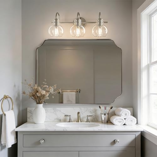 MIRRORART Brushed Nickel Mirrors for Bathroom, 30x40 Large Scalloped Mirrors for Bathroom Sink, Notched Corner Rectangle Silver Mirror in 1’’ Stainless Steel Metal Frame Hang Vertical/Horizontal