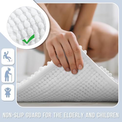 Yimobra Bathroom Rug Mat 44 x 24, Non Slip and Super Absorbent Bath Mat,Machine Washable Quick Dry,Ultra Plush Chenille Shower Rugs for Bathroom Floor Sink Tub and Shower Outside,White