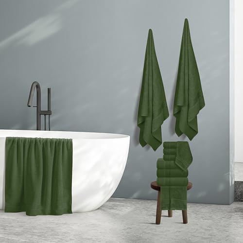 Belizzi Home 100% Cotton Towel Set, Contains 6 Soft Bath Towel, 6 Hand Towels, 12 Wash Cloths - Compact Absorbent Lightweight & Quickdry Towels for Bathroom - 24 Piece Bathroom Towel Set - Olive Green