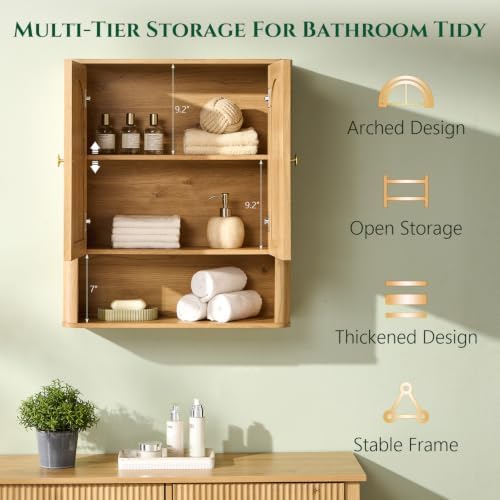 Bathroom Fluted Arched Wall Cabinet, 23.6''W Wood Medicine Cabinet, Natural