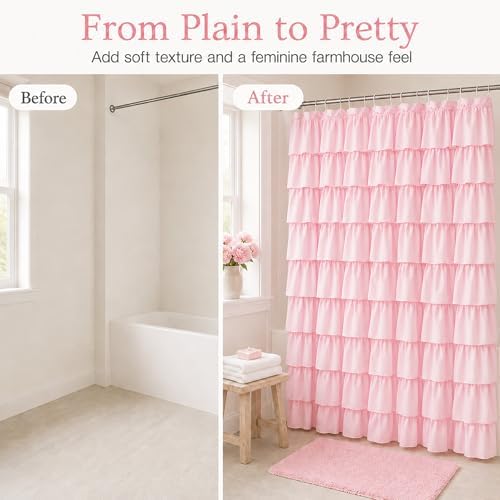 Pink Ruffle Shower Curtain for Master bathroom, 72x72 in, Shabby Chic Look