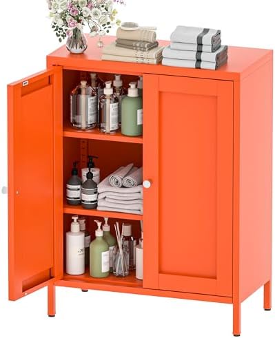 YAUWOH Metal Bathroom Storage Cabinet, Bathroom Floor Storage Cabinet with 2 Adjustable Shelves and 2 Doors,Freestanding Metal Sideboard for Small Spaces, Living Room, Dining Room,Orange