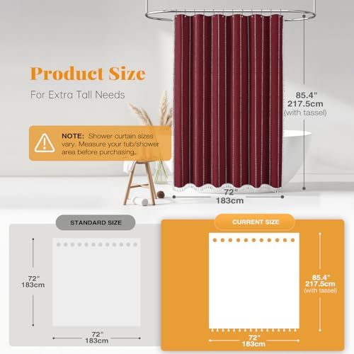 BTTN 72x84 Long Boho Farmhouse Linen Heavy Duty Shower Curtain, Burgundy