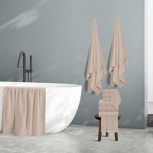 Belizzi Home 100% Cotton Towel Set, Contains 6 Soft Bath Towel, 6 Hand Towels, 12 Wash Cloths - Compact Absorbent Lightweight & Quickdry Towels for Bathroom - 24 Piece Bathroom Towel Set - Tan