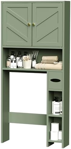 65.4" Over the Toilet Storage Cabinet, 29.1" Wide Bathroom Organizer with Toilet Paper Holder & Adjustable Shelf, Freestanding Space Saving Cabinet for Apartment, Laundry, Green