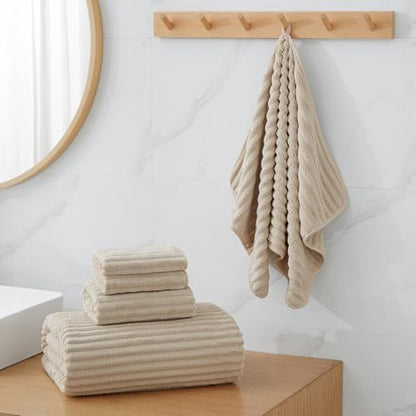 6 Piece Bath Towel Set, 30"x60" Microfiber Towels, Beige