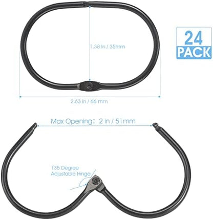 24 Pcs Shower Curtain Rings, Goowin Shower Curtain Hooks, Oval Snap Shower Rings for Curtain, Metal Black Shower Curtain Rings Rust Proof, Glide Smoothly Shower Hooks for Shower Curtain Rod (Black)