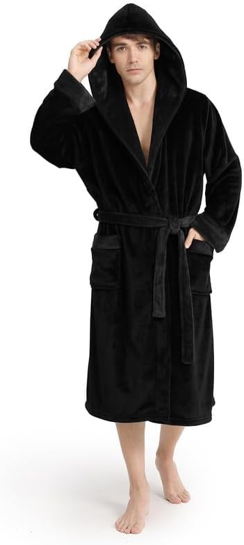 Yurhap Luxury Mens Robe with Hood, Ultra Cozy Fleece Bathrobe for Men, Plush Hooded Robe with Belt & 2 Pockets
