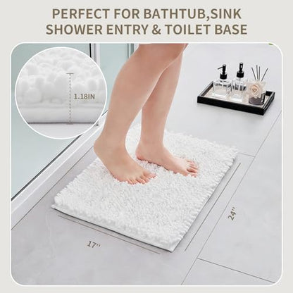 Bathroom Rugs Non Slip Washable, Extra Thick Soft Chenille Absorbent Bath Mat, High Density Barrier Non Slip Backing, Quick Dry Plush Shaggy Floor Carpet for Tub&Shower 24x17, White