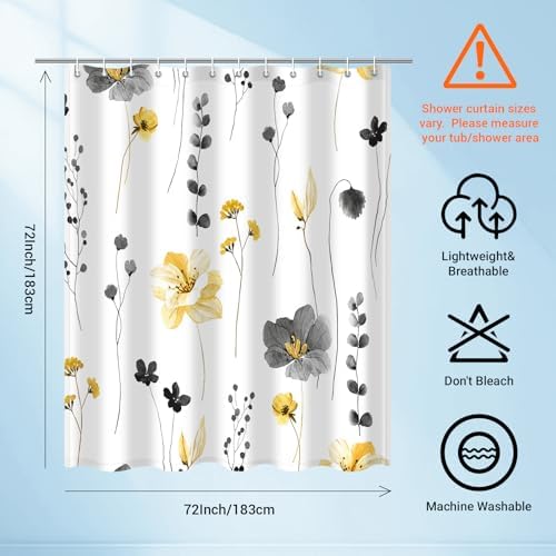 WITHLOC Floral Shower Curtains for Bathroom, Yellow Gray, 72" W x 72" L