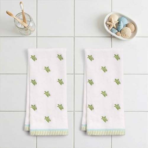 Ritz 2-Piece Cotton Velour Bathroom Hand Towel Set, Embroidered Sea Turtle Pattern, Soft Decorative Towels for Beach House, Coastal, or Spa Decor, 16” x 26”