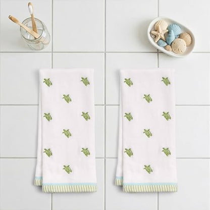 Ritz 2-Piece Cotton Velour Bathroom Hand Towel Set, Embroidered Sea Turtle Pattern, Soft Decorative Towels for Beach House, Coastal, or Spa Decor, 16” x 26”
