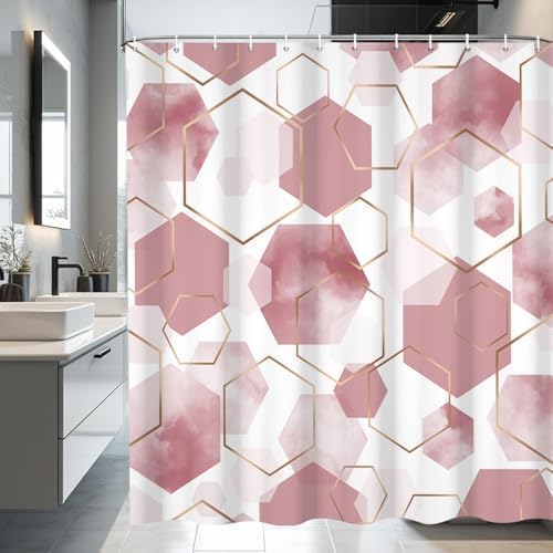 deFouliao Pink Modern Shower Curtain Geometric Grid Art Abstract Waterproof Bathroom Curtain for Bathtub Home Hotel Decor, Washable with Hooks, 72x84 Inch