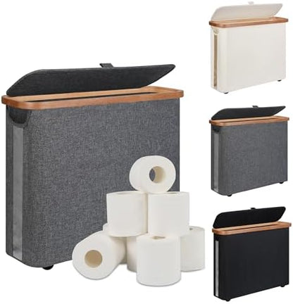 Toilet Paper Storage Basket with Lid - The Ultimate Bathroom Organizer, Free Standing Toilet Paper Holder for Up to 9 Mega Rolls, Toilet Tissue Storage Bin with Handle for RV Closet, Grey